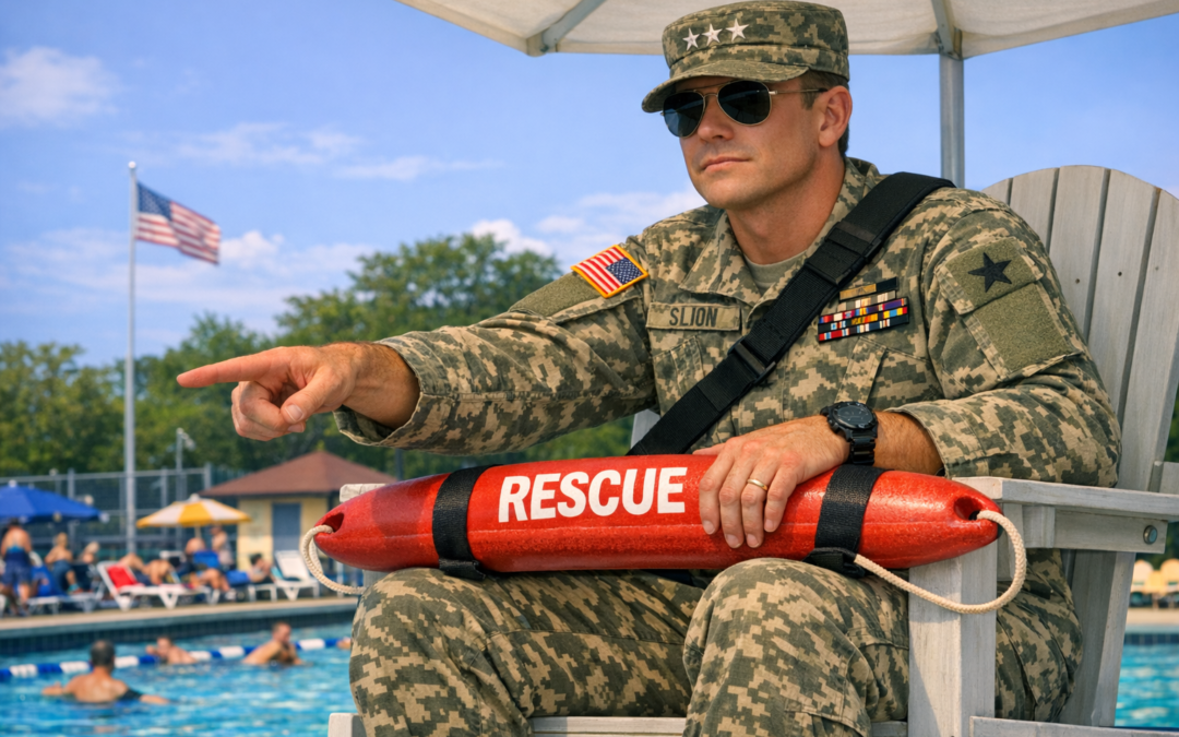 Military lifeguard in uniform with a rescue buoy at a pool, ensuring safety and compliance in aquatic environments.