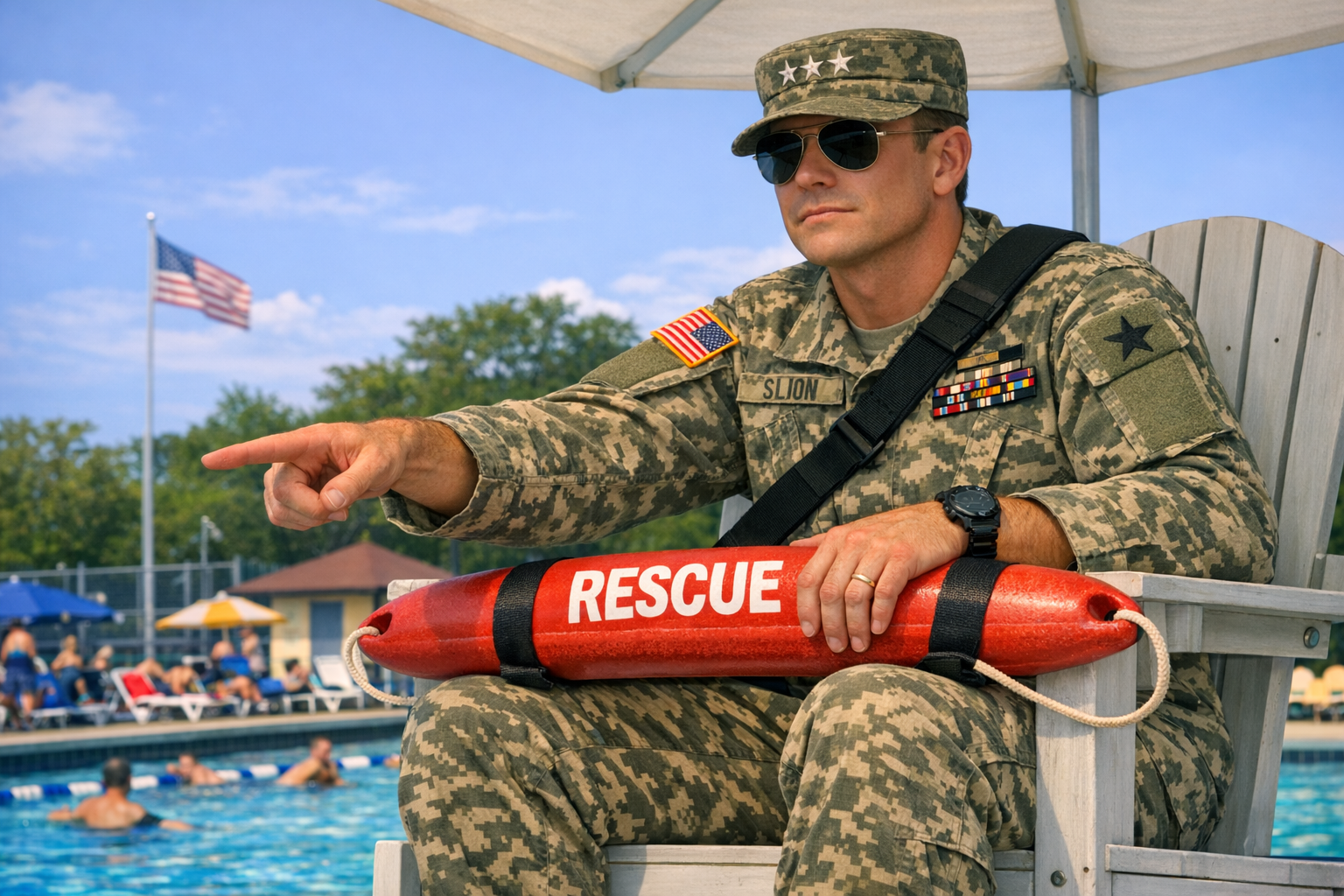 Army General LG Military lifeguard in camouflage uniform with a rescue buoy, overseeing a pool area in military housing, ensuring safety compliance.