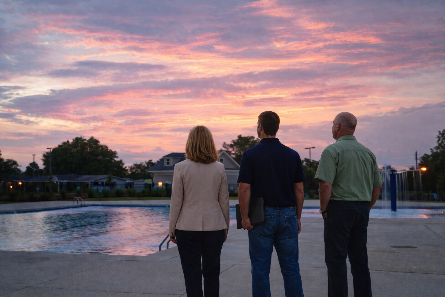 Three professionals observing a swimming pool at sunset, emphasizing N2 Aquatics' commitment to thoughtful planning and partnership in aquatic facility management.