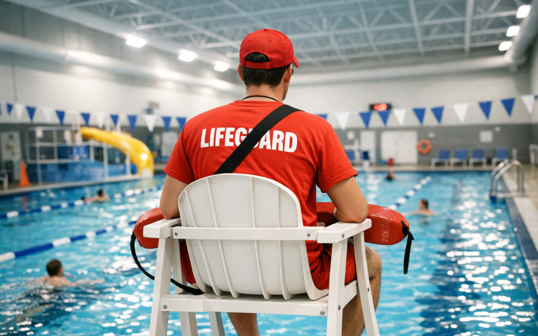 Lifeguard in red uniform supervising indoor swimming pool, emphasizing safety and compliance in aquatic environments.