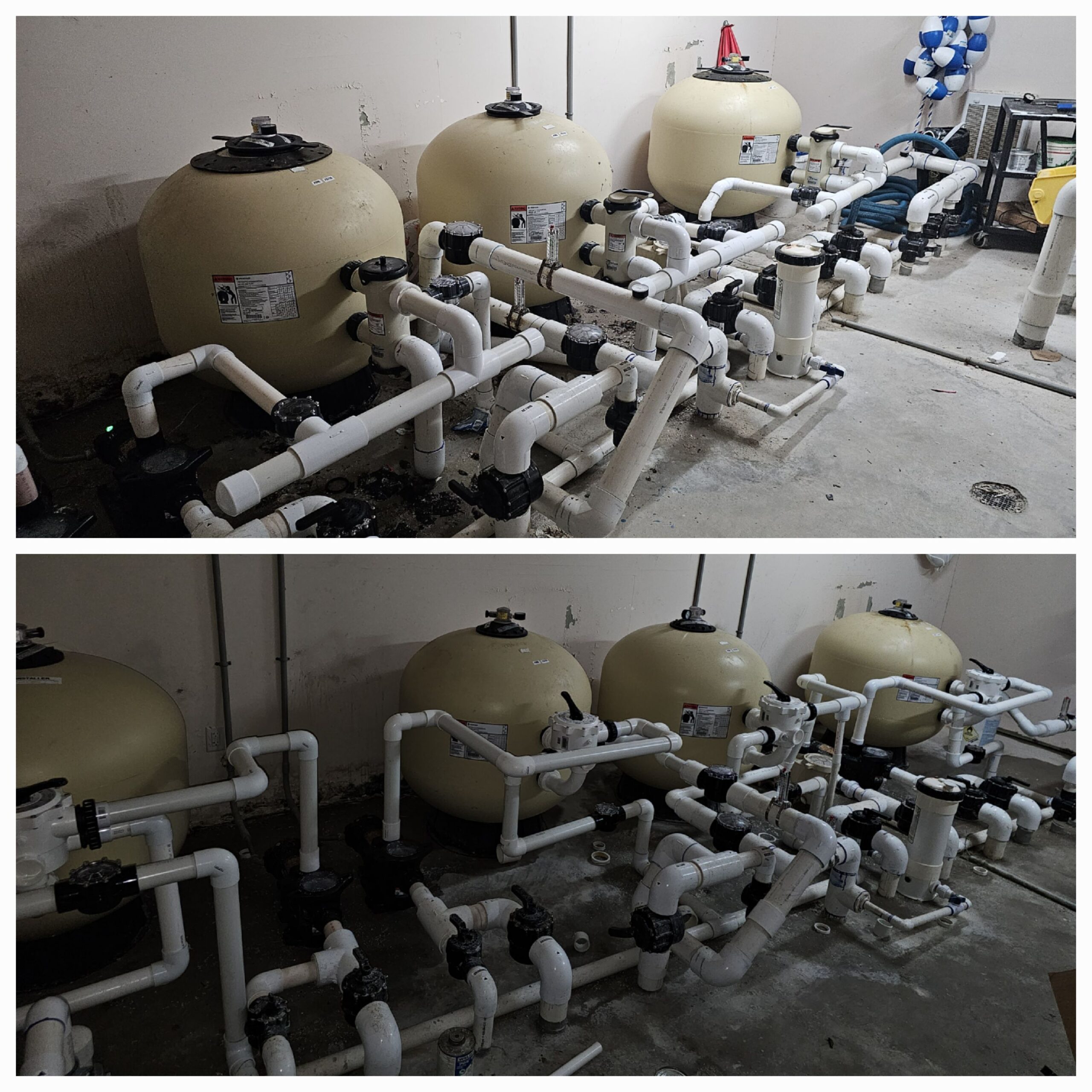 Commercial pool pump room renovation featuring newly replumbed energy-efficient variable speed pumps, improved hydraulic layout, and accessible maintenance points, enhancing serviceability and operational efficiency.