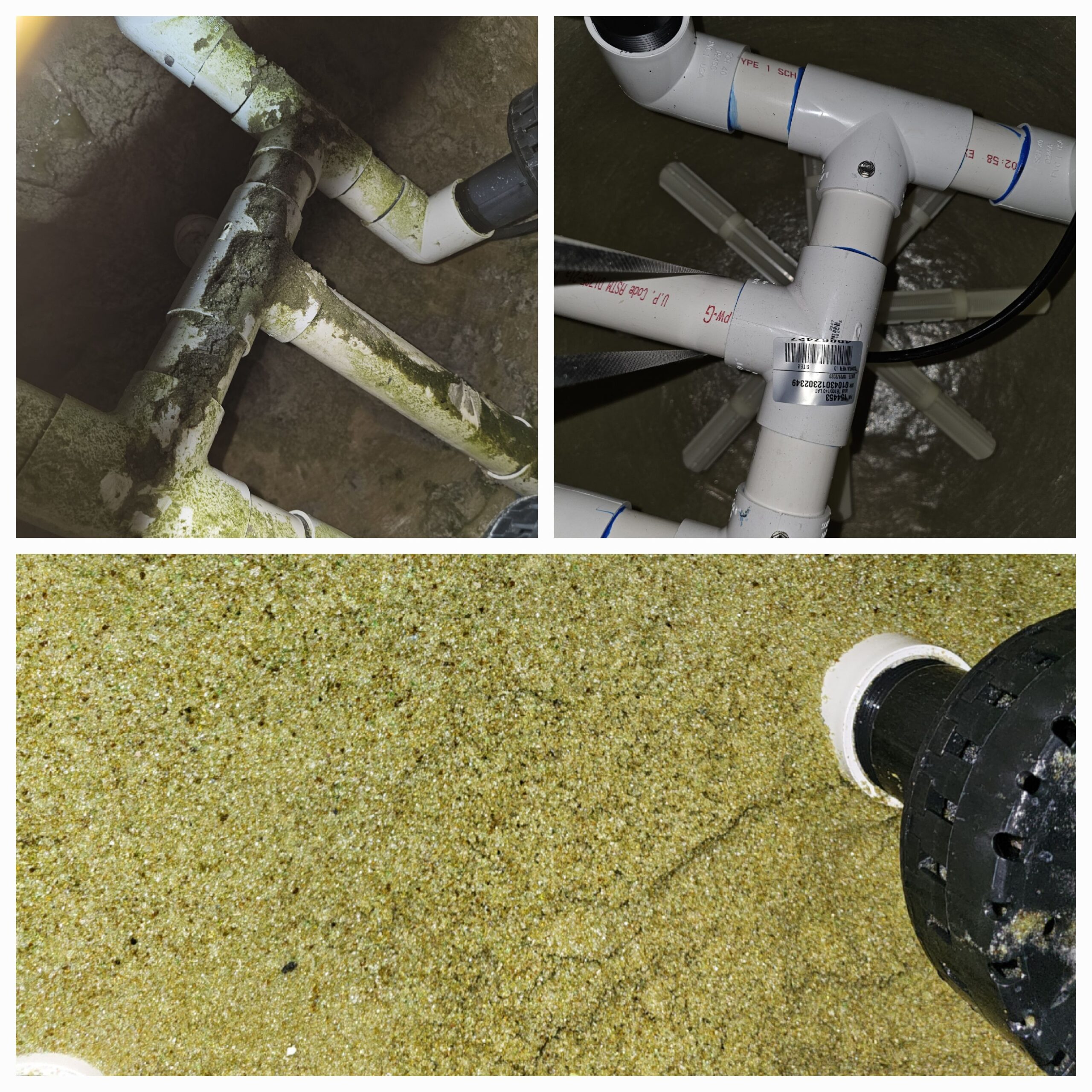 Commercial pool filtration system components with visible algae buildup, high-performance glass media, and PVC piping, illustrating recent upgrades for enhanced water clarity and efficiency.