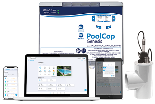 PoolCop Genesis data control connection unit with mobile devices displaying pool management interface, emphasizing smart automation for efficient aquatics services.