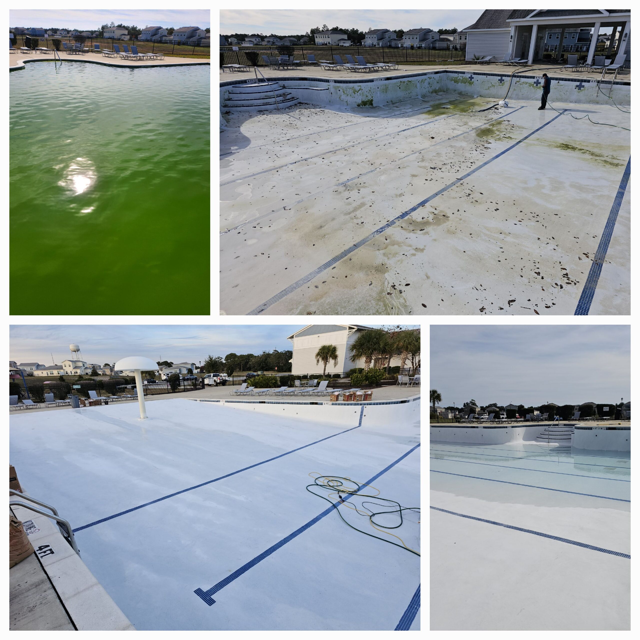 Commercial pool renovation stages at Eglin Air Force Base, showing green algae-filled pool, debris-covered surface, and completed clean pool with blue markings and surrounding lounge area.