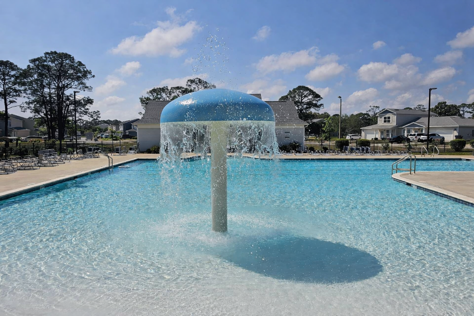 Colorful water feature in pool, surrounded by lounge chairs and residential buildings, showcasing aquatic design for commercial facilities.