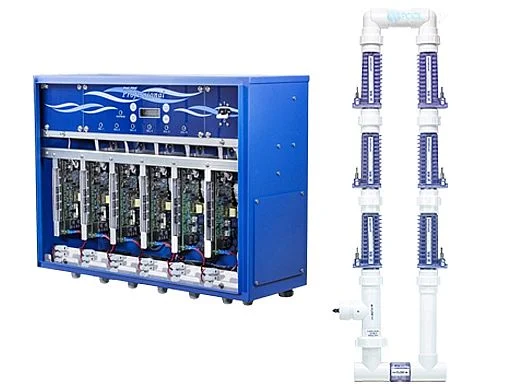 Pool Pilot 6-Cell salt chlorination system with control panel and plumbing components, designed for high-volume military base pools, enhancing water clarity and operational efficiency.
