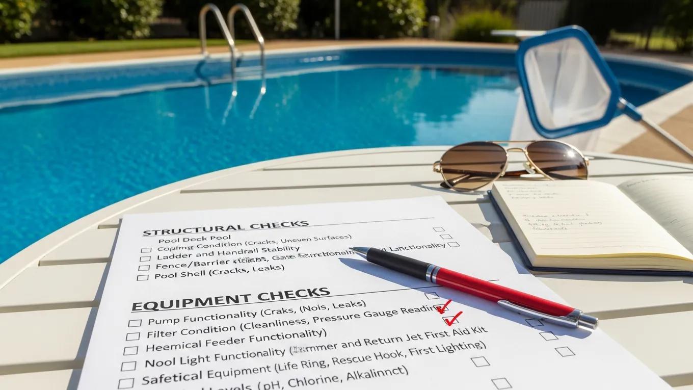 Pre-season pool safety inspection checklist with structural and equipment checks