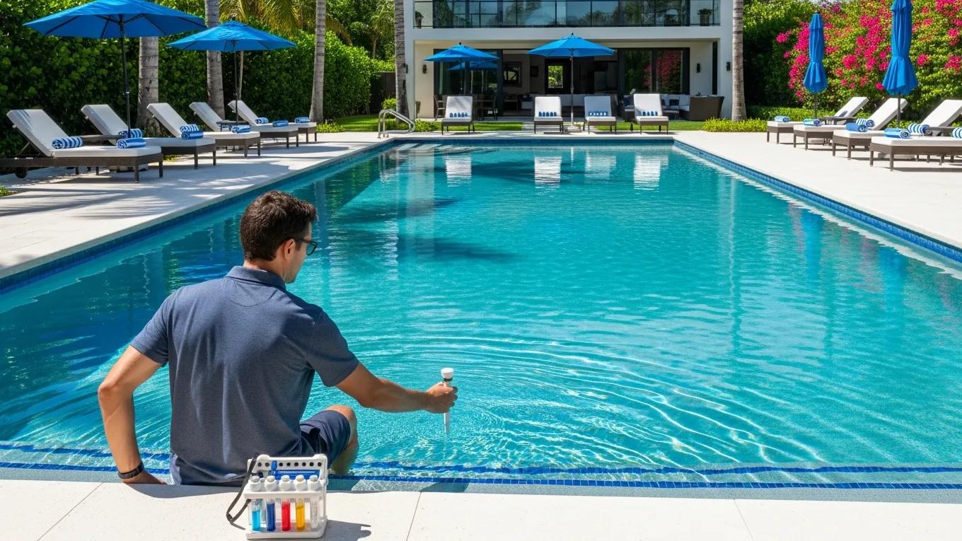 Man testing pool water quality with testing kit beside him, surrounded by lounge chairs and umbrellas in a well-maintained swimming pool area.