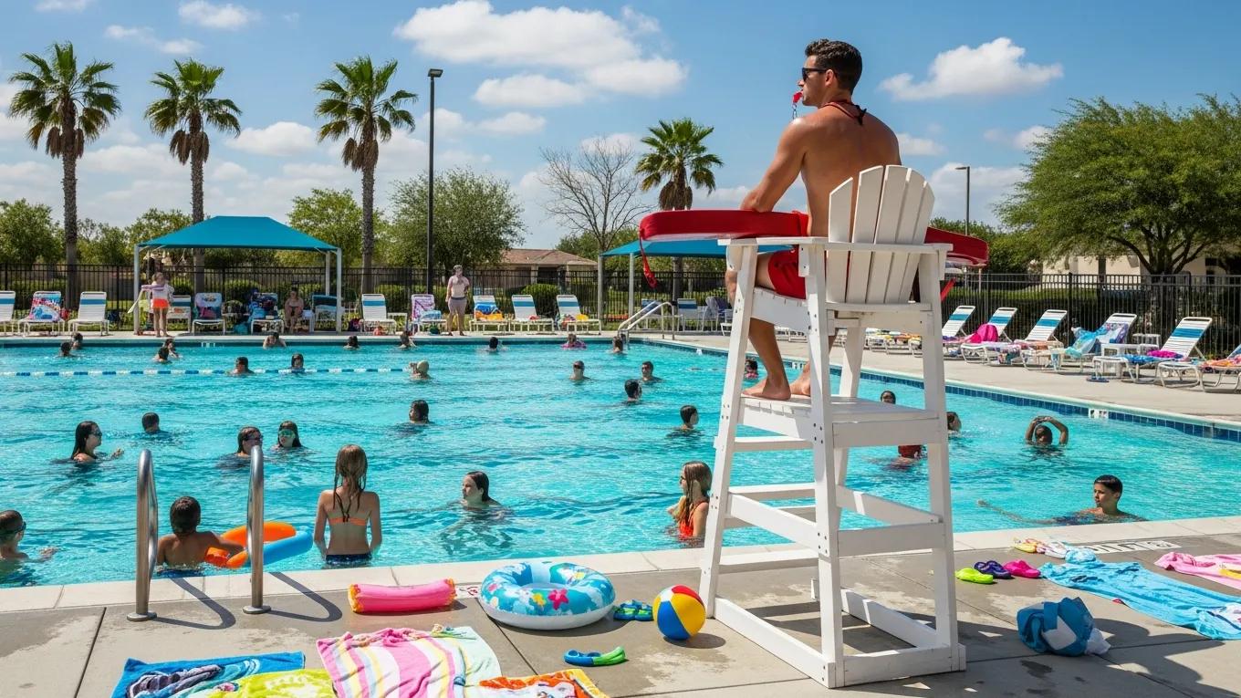 Lifeguard observing swimmers at a public pool