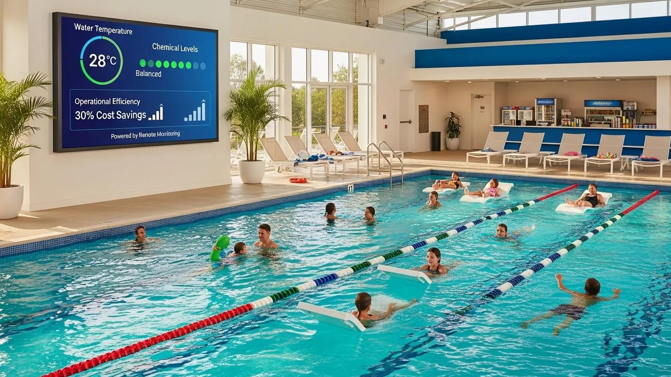 Happy swimmers in a well-maintained pool with digital monitoring display