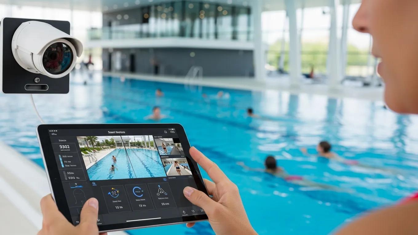 Lifeguard using technology for monitoring pool safety, showcasing modern drowning prevention strategies