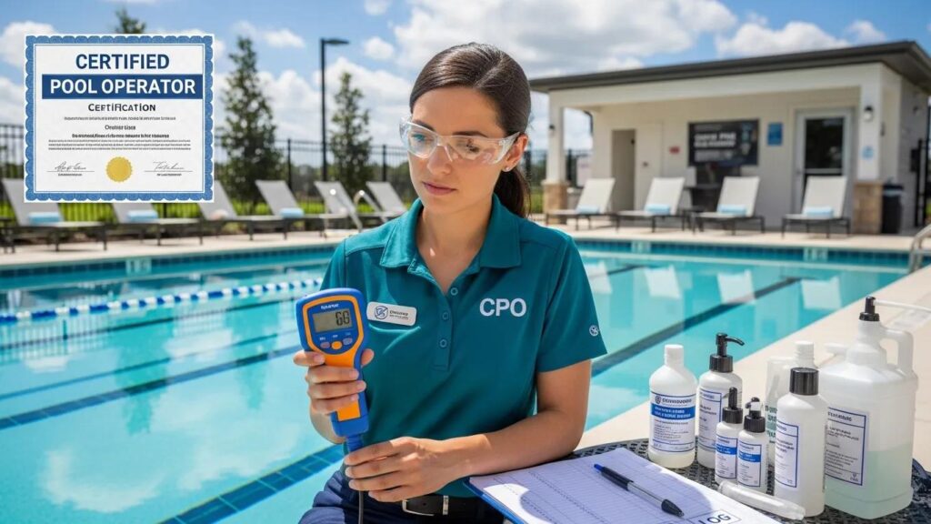Pool operator testing water quality, emphasizing CPO certification importance