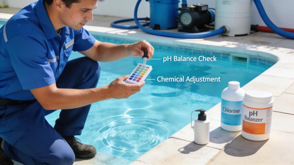 Pool maintenance professional conducting chemical balancing for safety and water clarity