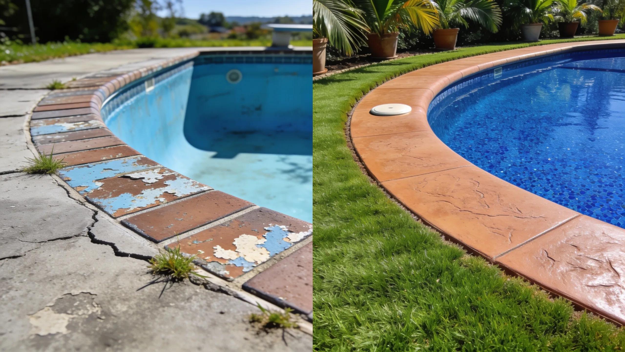 Before-and-after showcase of a commercial pool renovation illustrating quality resurfacing services