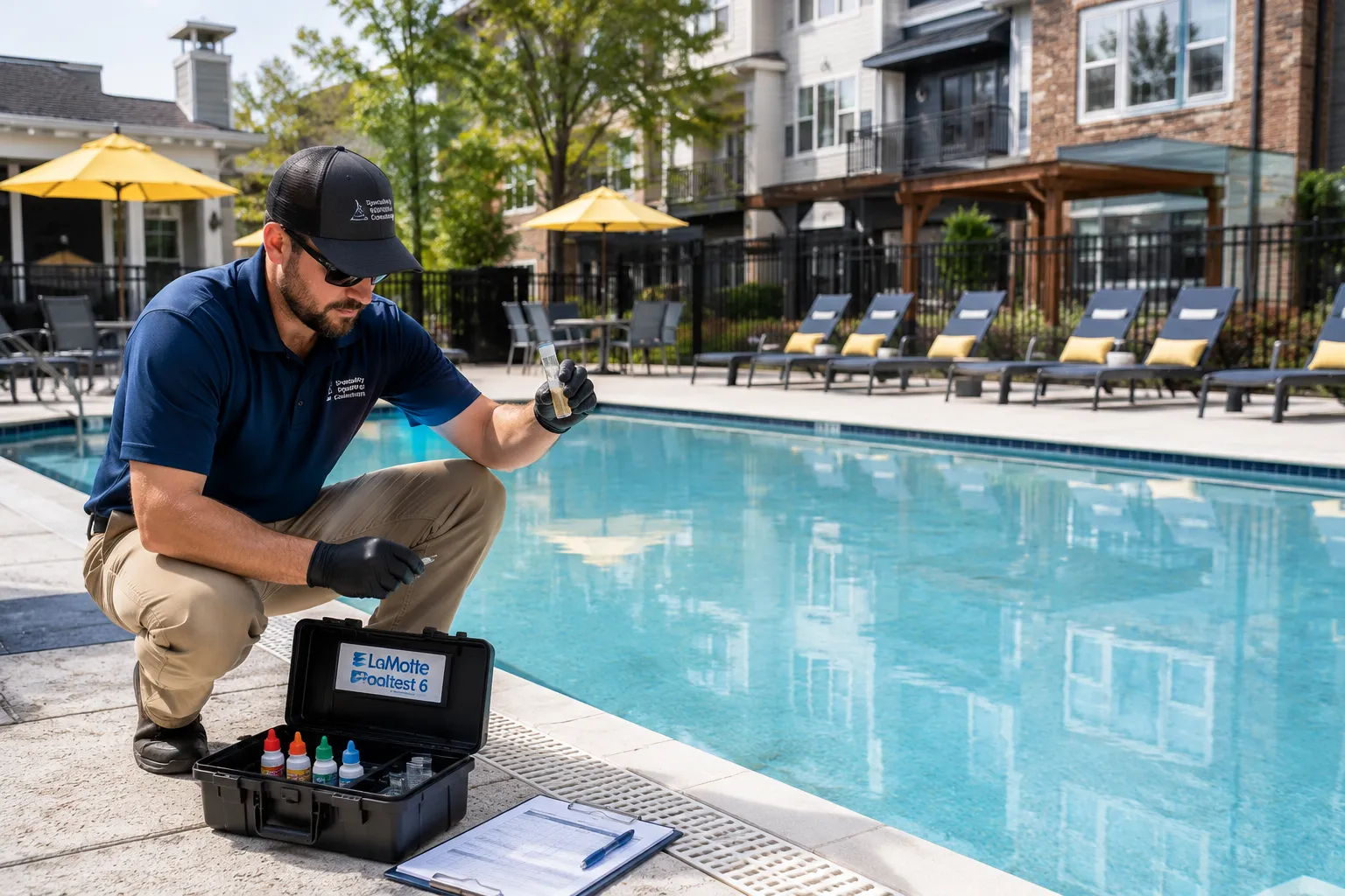 Commercial pool technician performing water quality testing with a pool water testing kit
