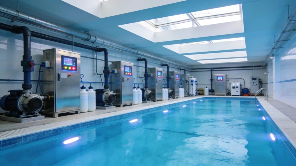Modern commercial pool equipment including pumps and filtration systems with emphasis on safety and efficiency