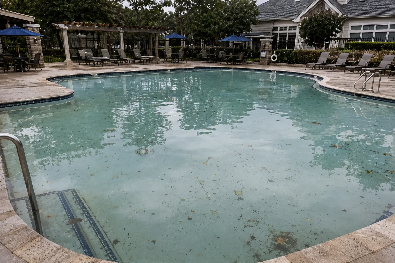 Slightly cloudy commercial pool with leaves and storm debris after heavy summer rain