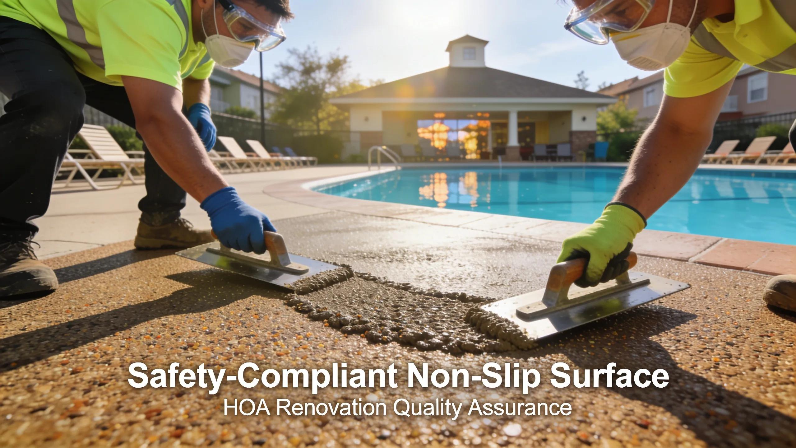Applying non-slip surface treatment for safety compliance in an HOA pool renovation
