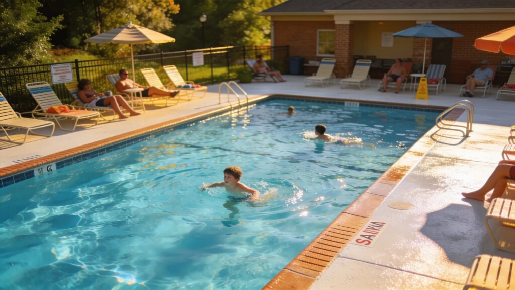 Commercial pool and deck resurfacing in Canton, GA showcasing a vibrant and safe swimming environment