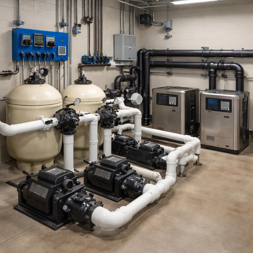 Commercial pool pump, filter, and mechanical equipment room