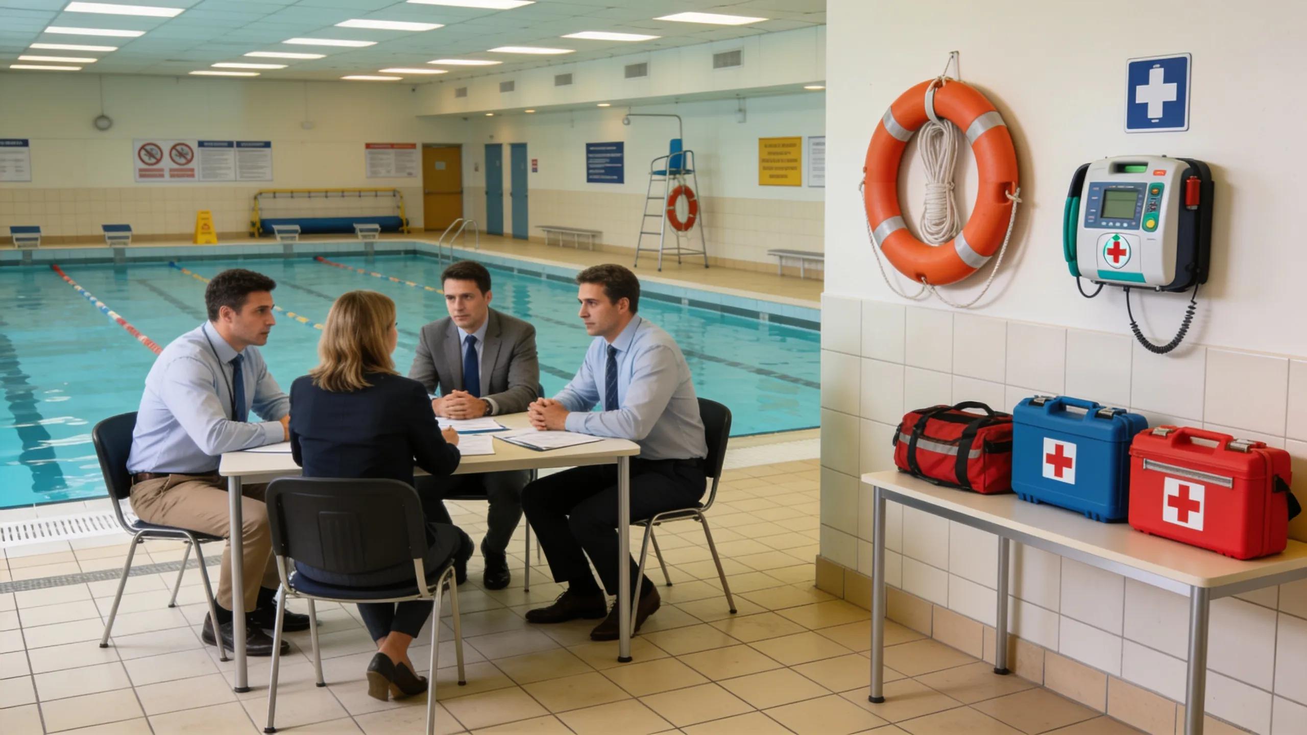Independent auditors discussing safety protocols in a pool facility with safety equipment visible