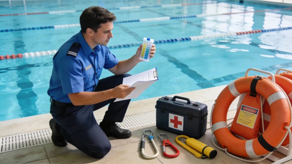 Pool safety auditor inspecting safety equipment and water quality at a swimming pool facility