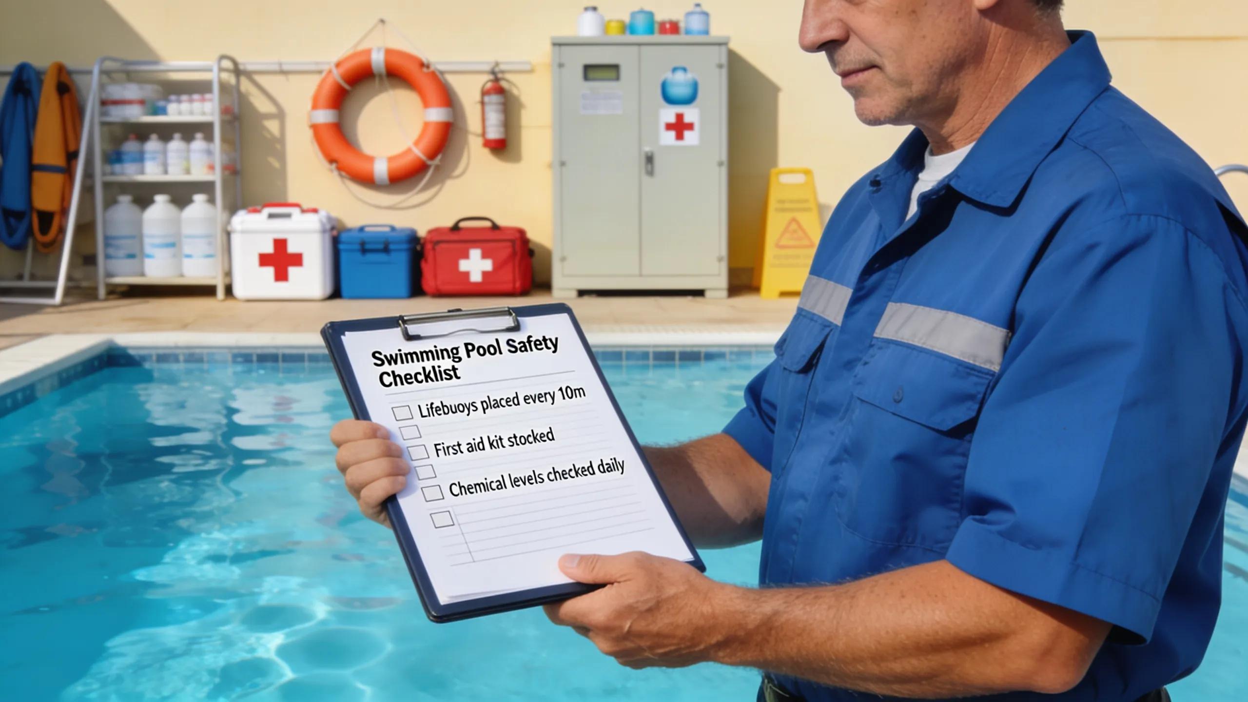 Facility manager reviewing a swimming pool safety checklist with safety equipment and pool in the background
