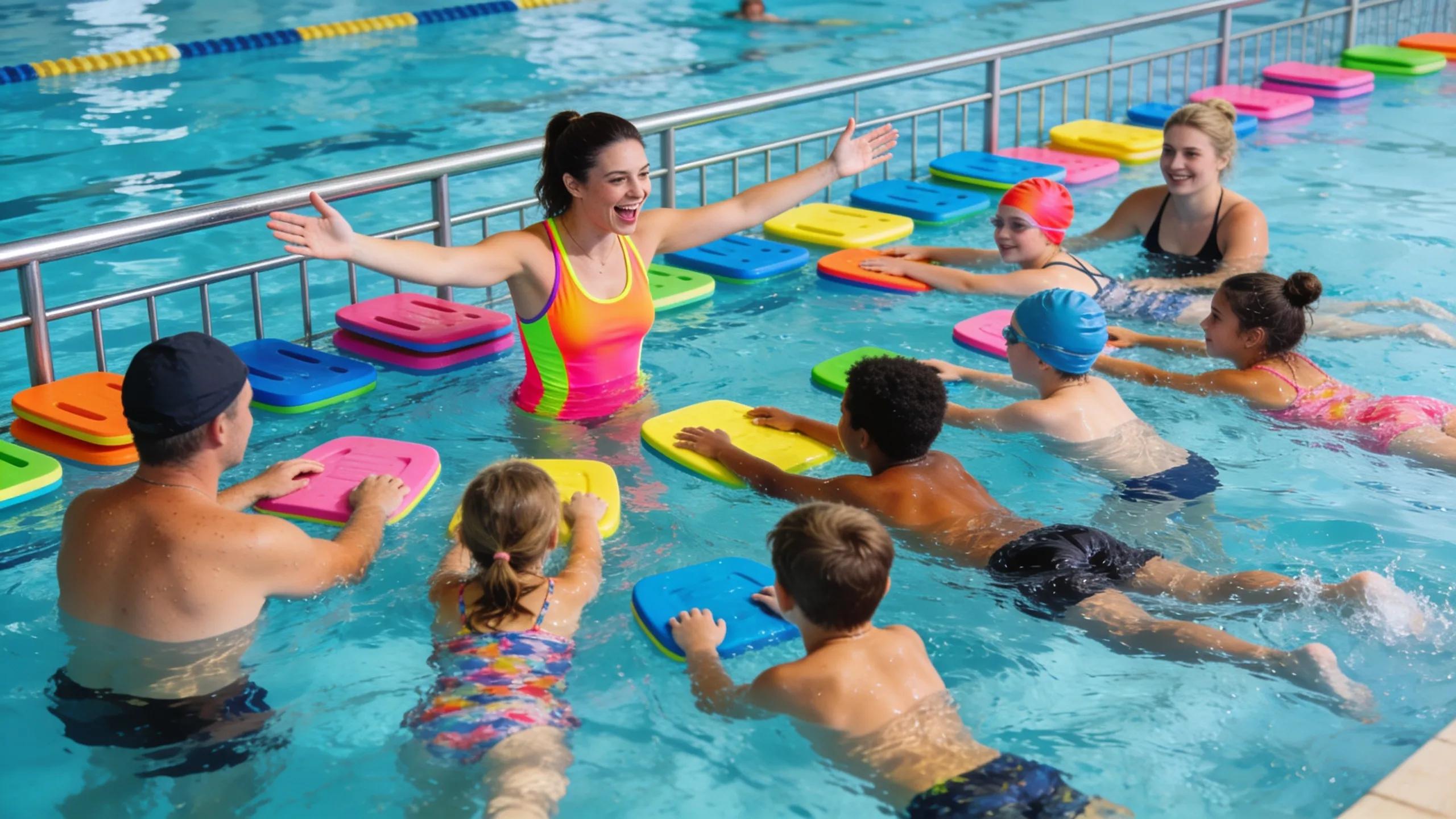 Swimmers of all ages engaged in a structured swim lesson emphasizing effective program design
