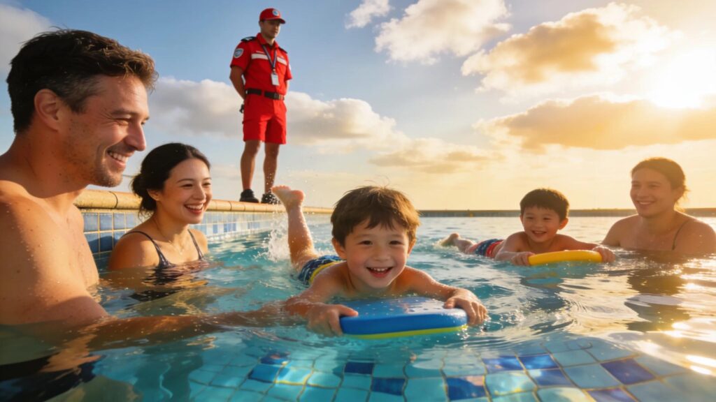 Family enjoying a safe pool environment with lifeguard oversight and maintenance services.
