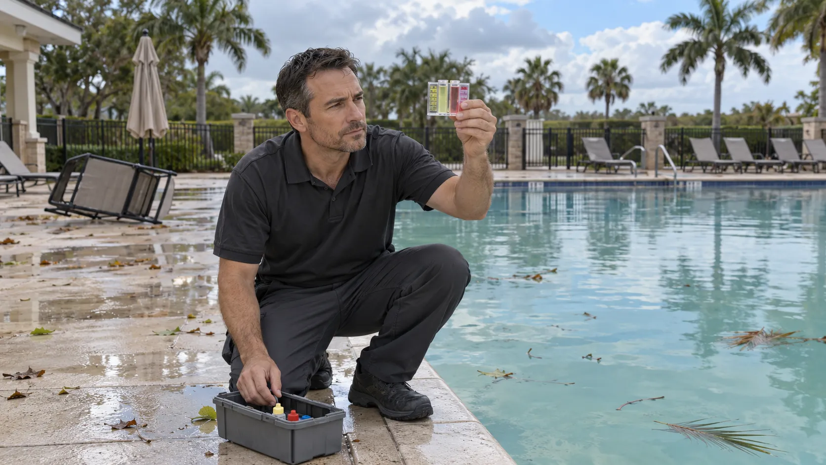 Pool technician testing water chemistry after a storm, commercial pool reopening process, Atlanta and Florida Panhandle