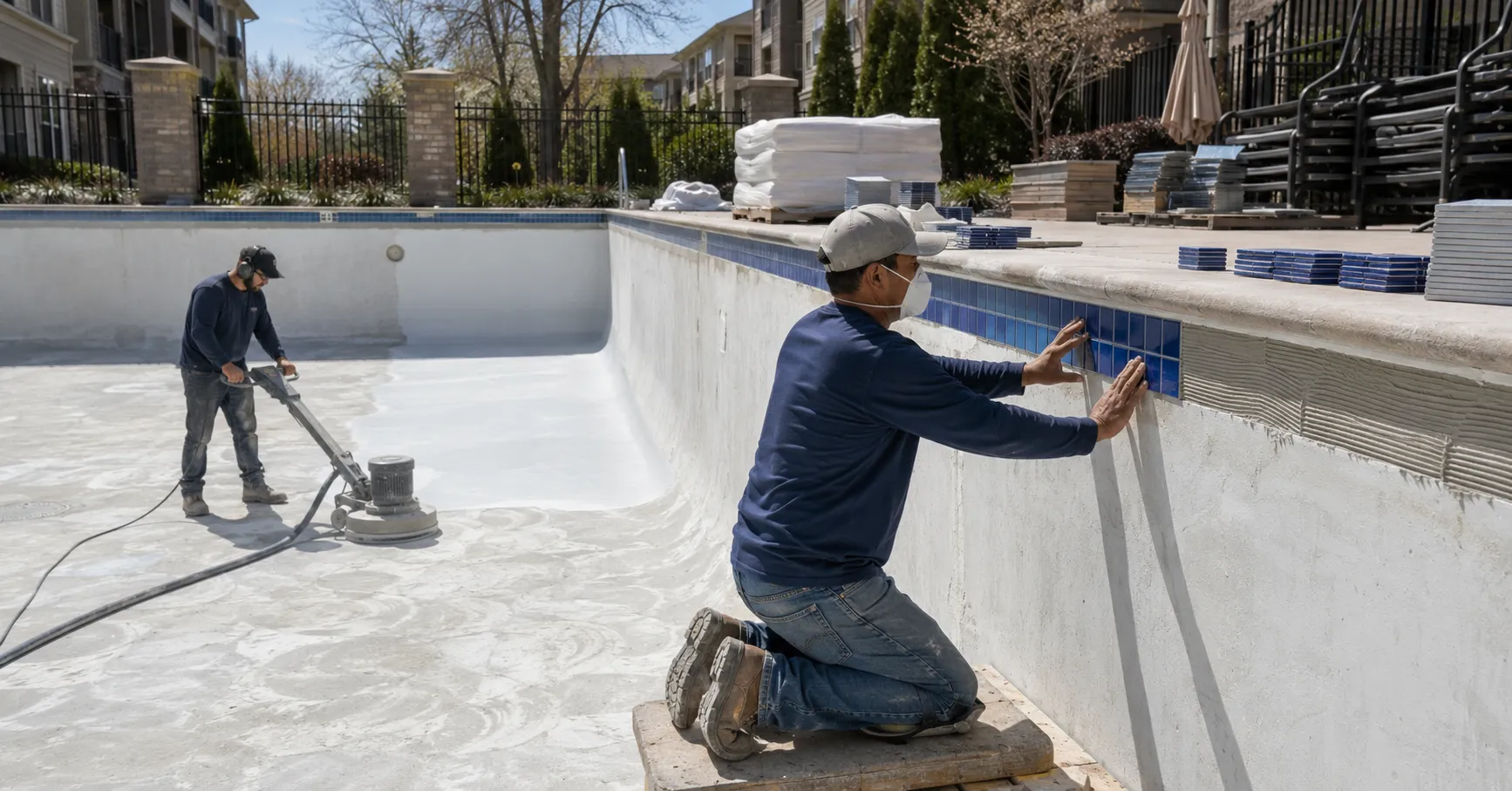 Commercial pool technicians resurfacing a drained pool and replacing waterline tile before the spring opening season.