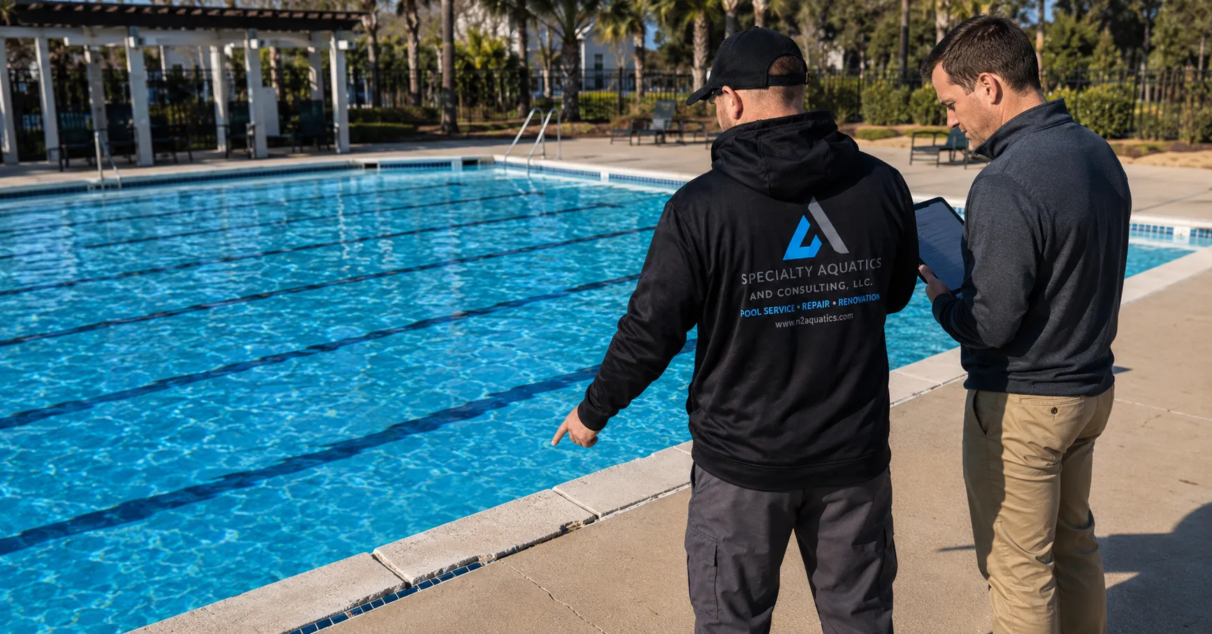Michael Scheetz and a facility manager inspecting worn coping, tile, and decking at an Atlanta Metro commercial pool.
