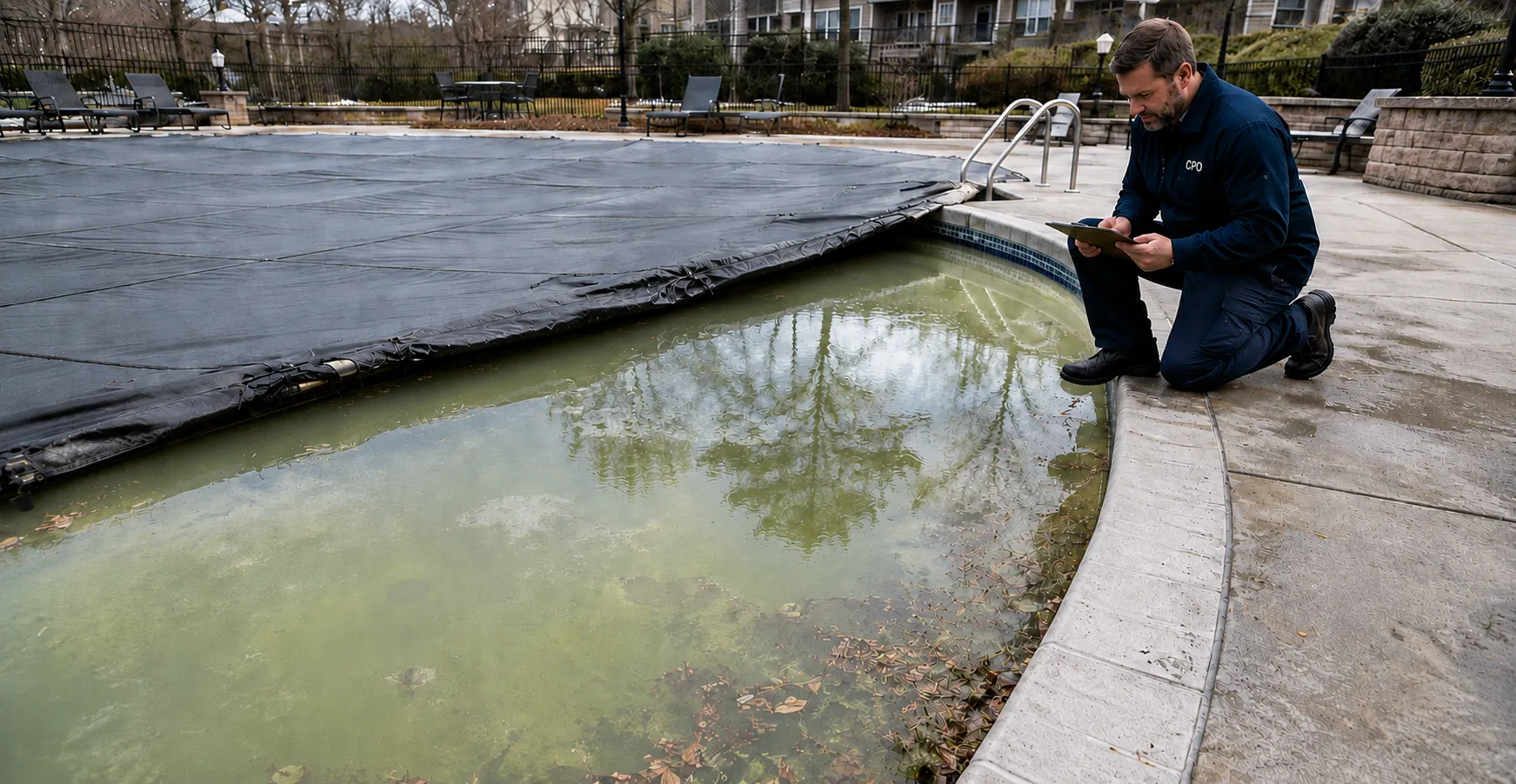 Pool operator inspecting cloudy, algae-affected water under a partially removed cover.