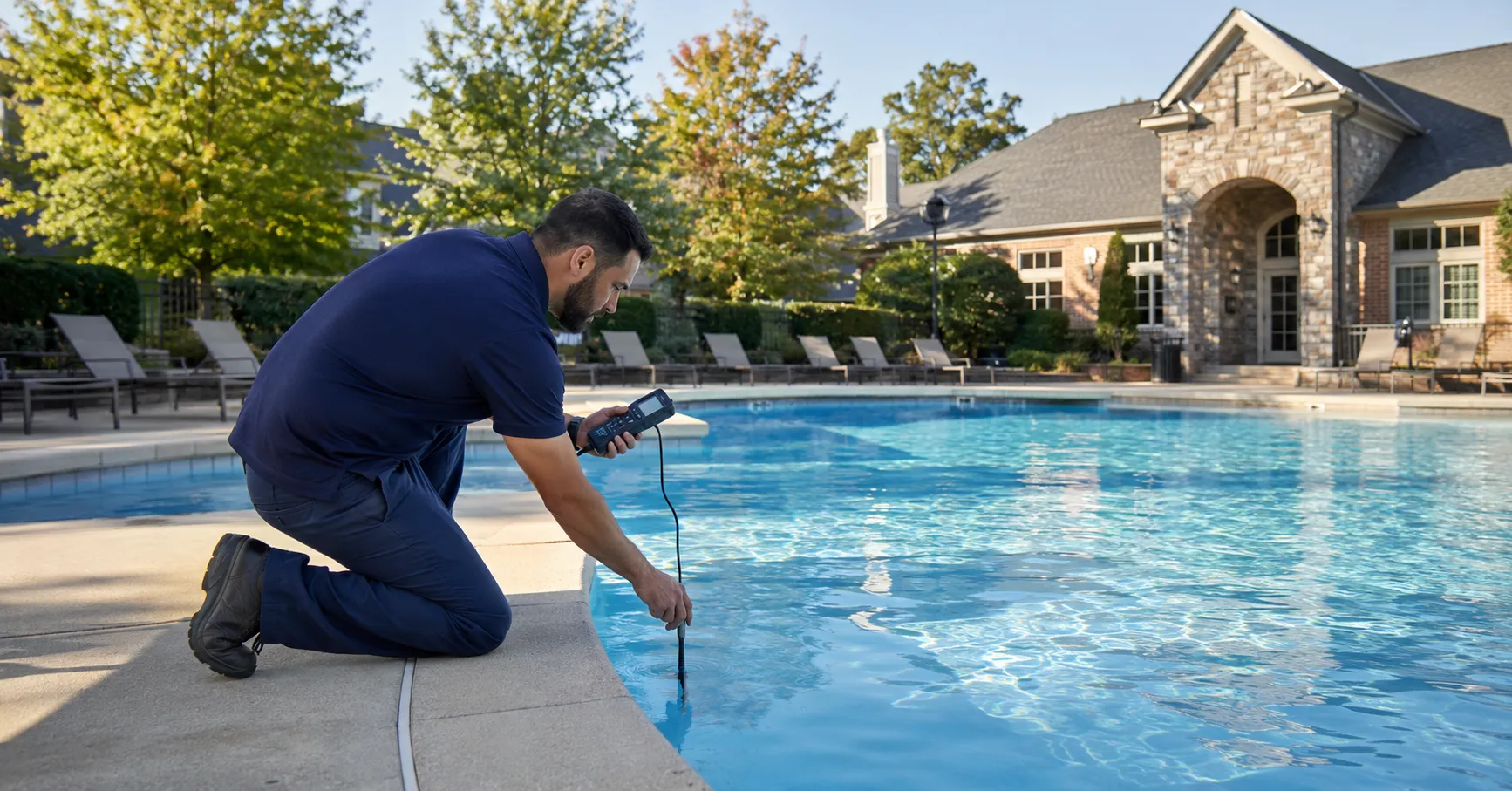 Commercial pool technician checking water temperature at an Atlanta Metro HOA pool before winterization.