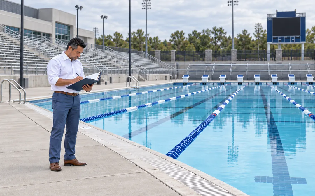 Independent aquatic consultant documenting an inspection at a large outdoor commercial competition pool.