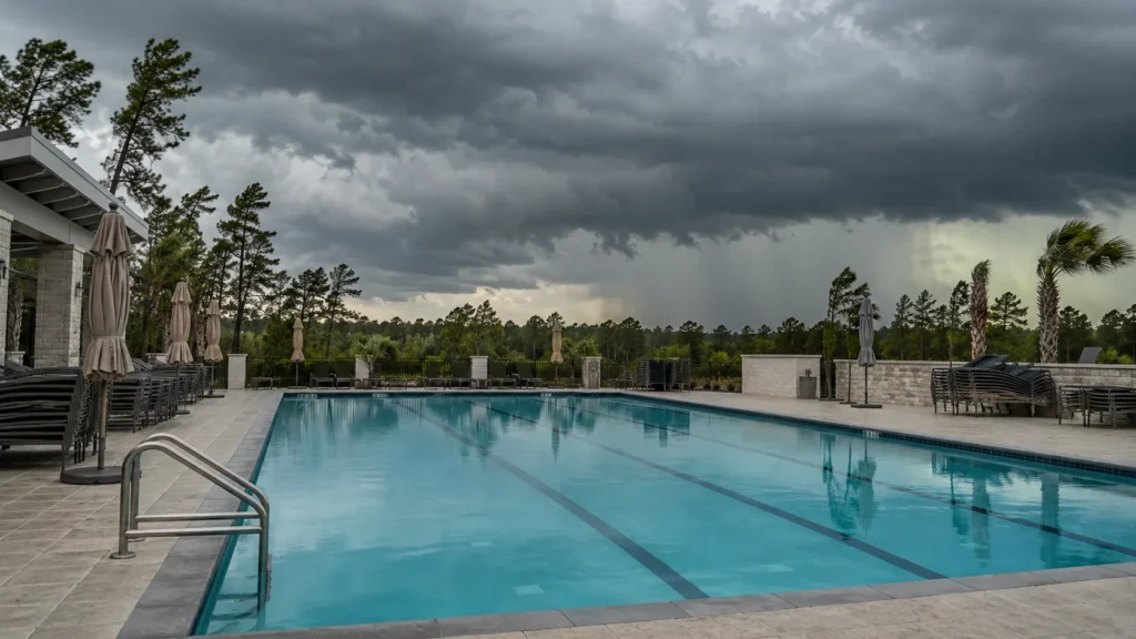Commercial swimming pool with storm clouds approaching, representing hurricane season pool preparedness for Atlanta and Florida Panhandle facilities