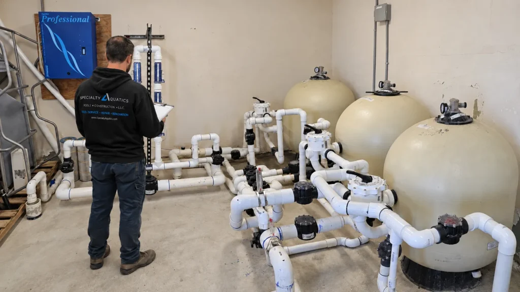 Technician inspecting commercial pool equipment at an Atlanta HOA pool in fall