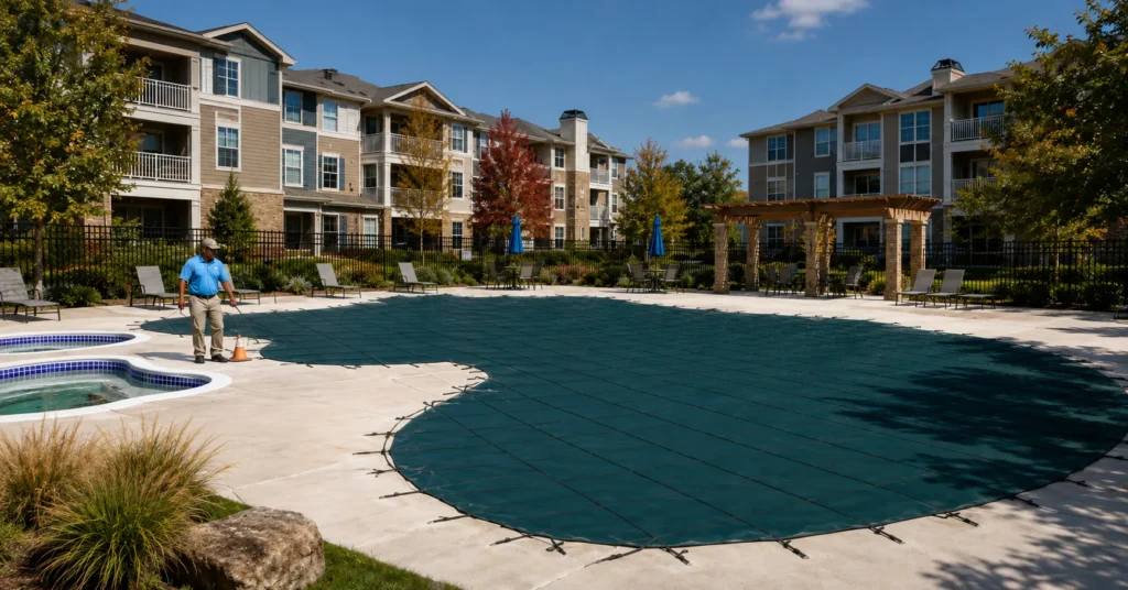 Aquatic technician inspecting a covered commercial pool during winterization at an Atlanta Metro multifamily community.