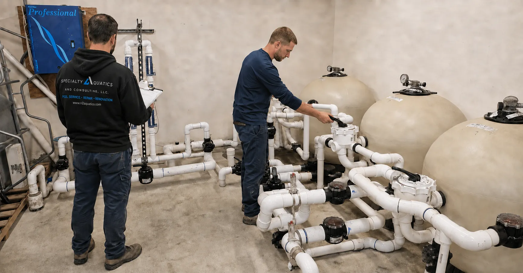 Technicians backwashing commercial sand filters during pool winterization in an Atlanta Metro pump room.