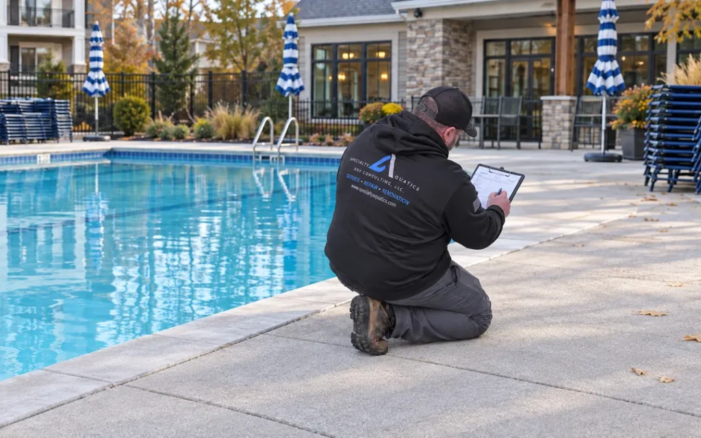 Michael reviews commercial pool service records at an HOA community pool at the end of the season.