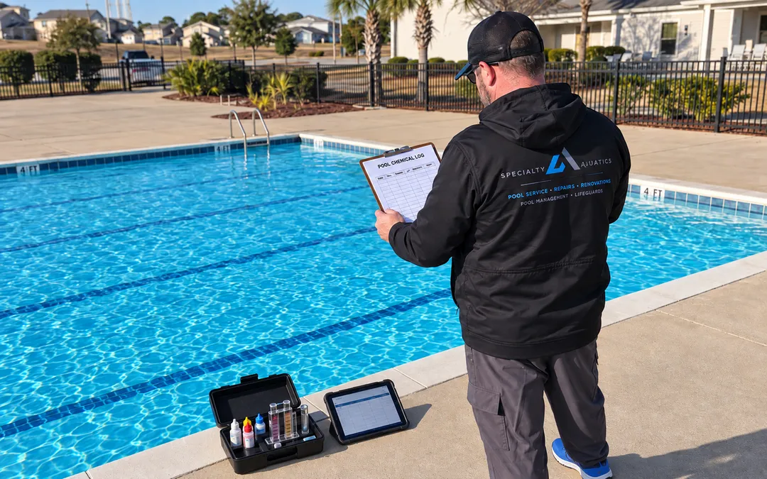 Michael reviews commercial pool chemical logs beside an open water-testing kit and tablet.