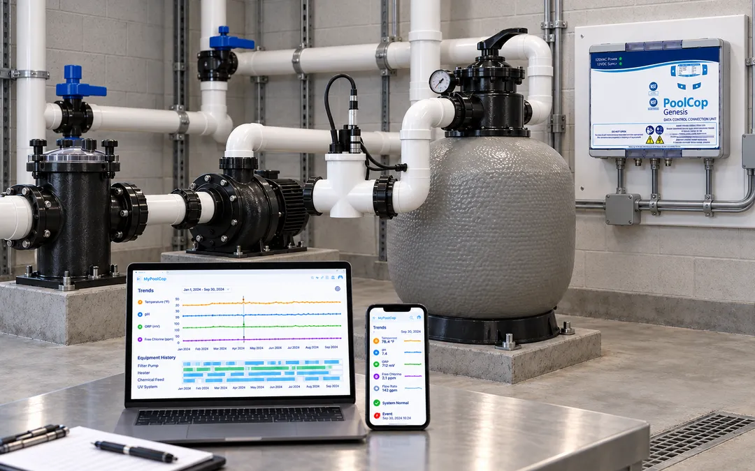 PoolCop Genesis remote-monitoring system on a commercial pool pump and filter