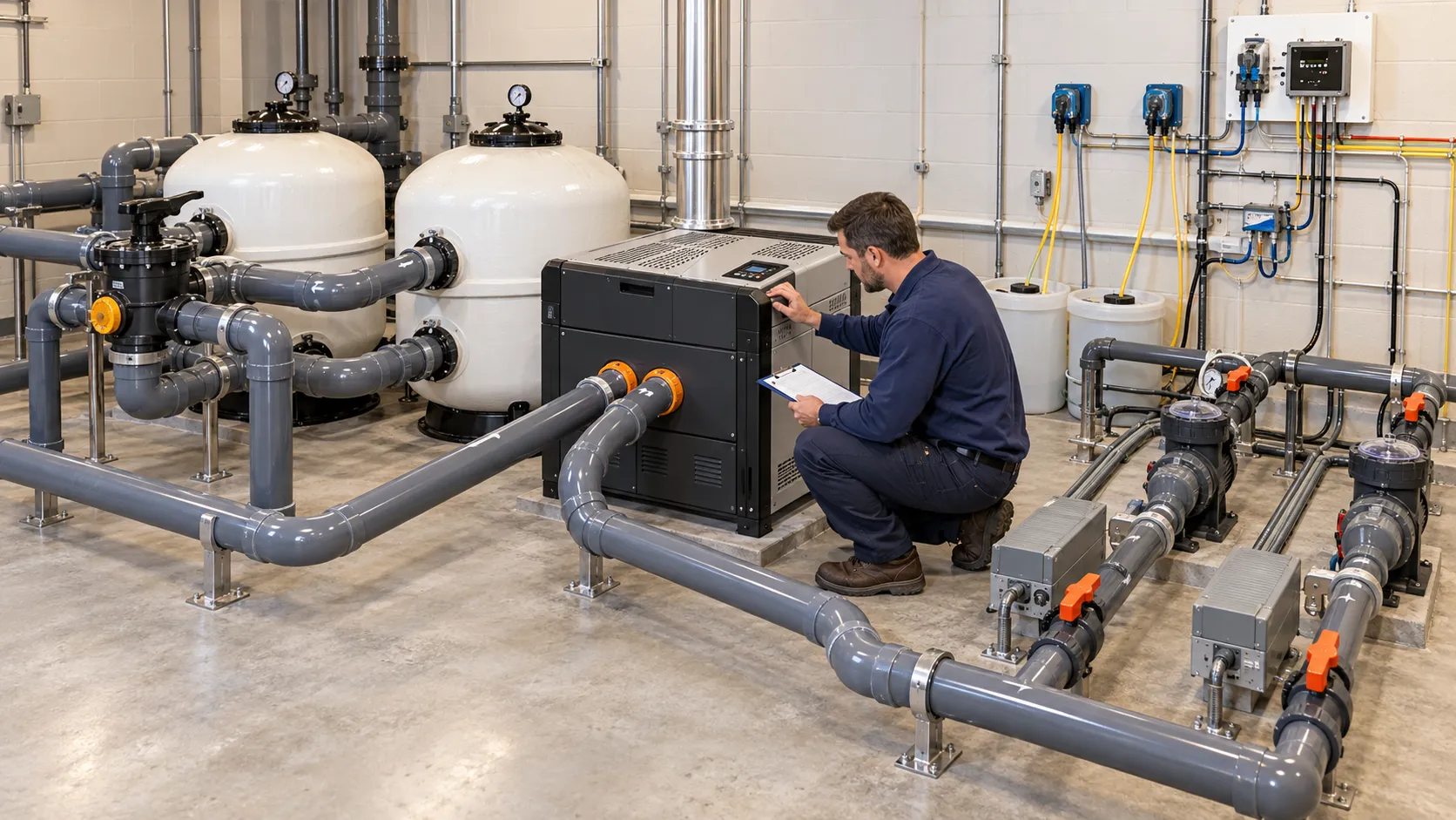 Technician inspecting a commercial pool heater in an equipment room