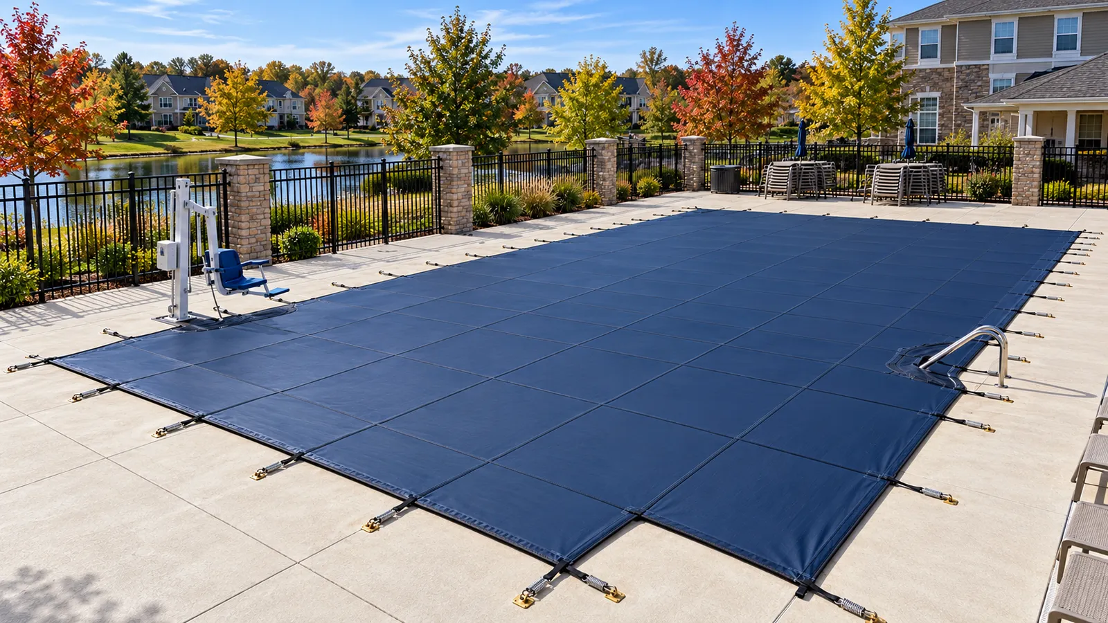 Custom-fitted commercial safety cover anchored on an Atlanta pool deck